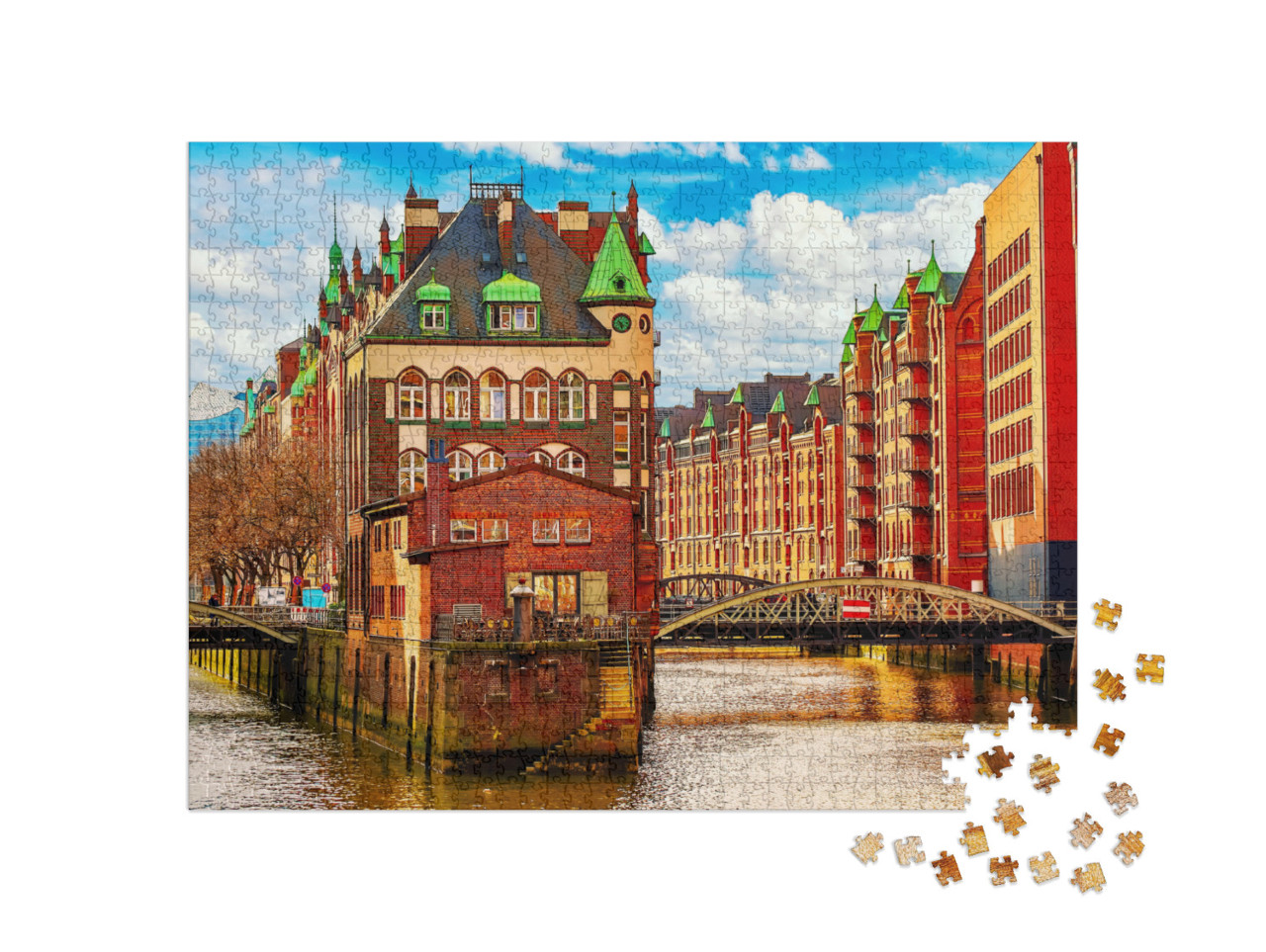 Puzzle 1000 Teile „Frühling über dem Lagerviertel Speicherstadt in Hamburg“