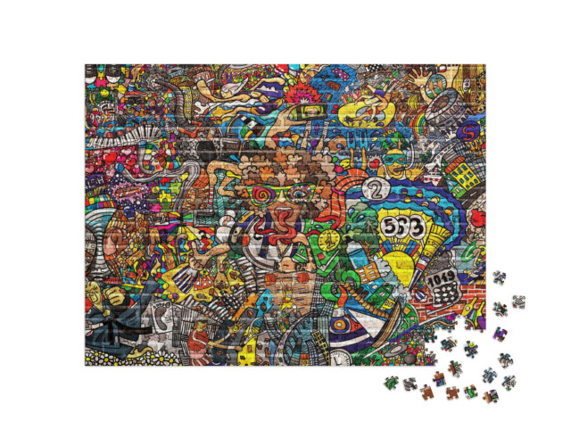 Puzzle 1000 Teile „Graffiti. Sport-Collage auf einer großen Backsteinmauer“