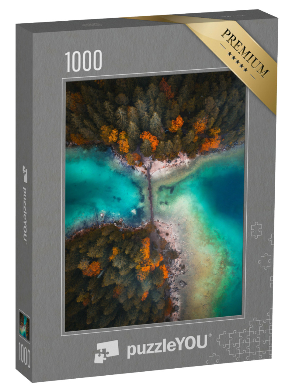Puzzle 1000 Teile „Ein Luftbild von einer Brücke über den Eibsee in Bayern, Deutschland“