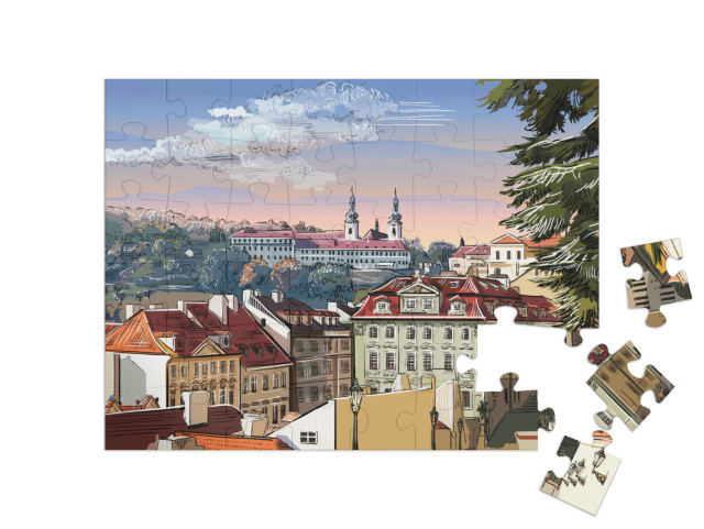 Puzzle 48 Teile „Panorama-Stadtbild von Prag mit Vektor-Handzeichnung, Tschechische Republik“