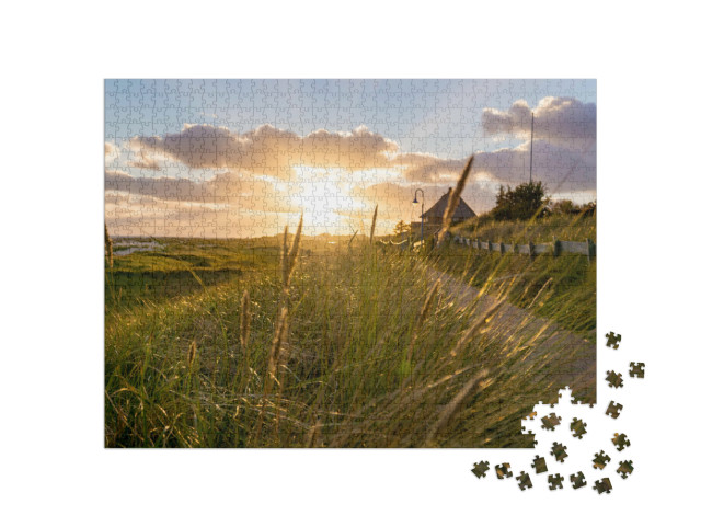 Puzzle 1000 Teile „Sonnenuntergang, der durch das Schilf in Amrum Deutschland scheint“