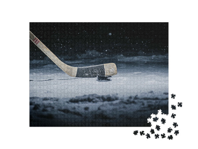 Puzzle 1000 Teile „Hockeyschläger und Puck auf der Eisbahn“