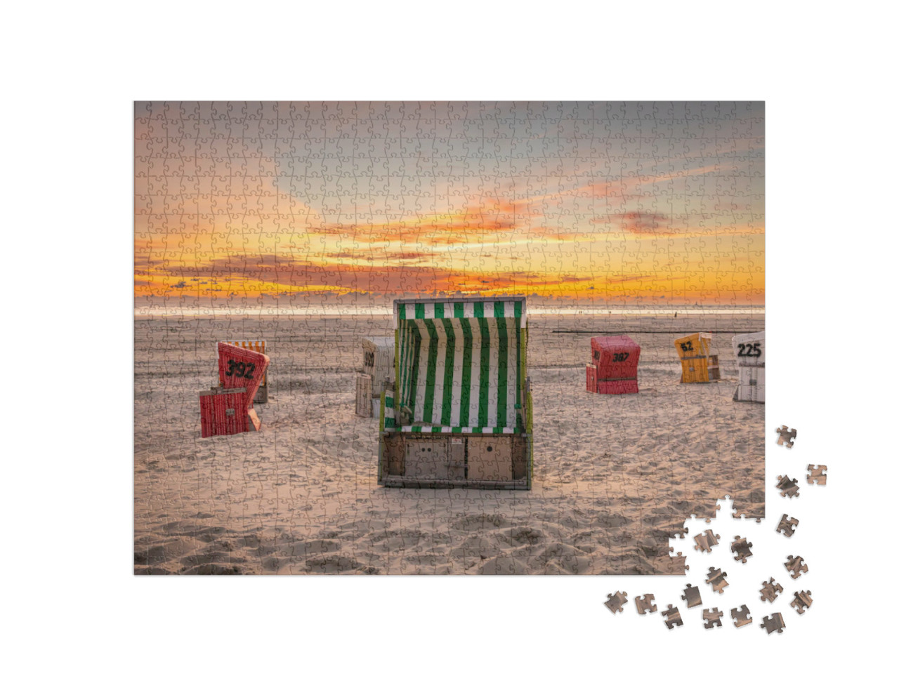 Puzzle 1000 Teile „Strandkörbe auf Langeoog bei Sonnenuntergang, Niedersachsen“