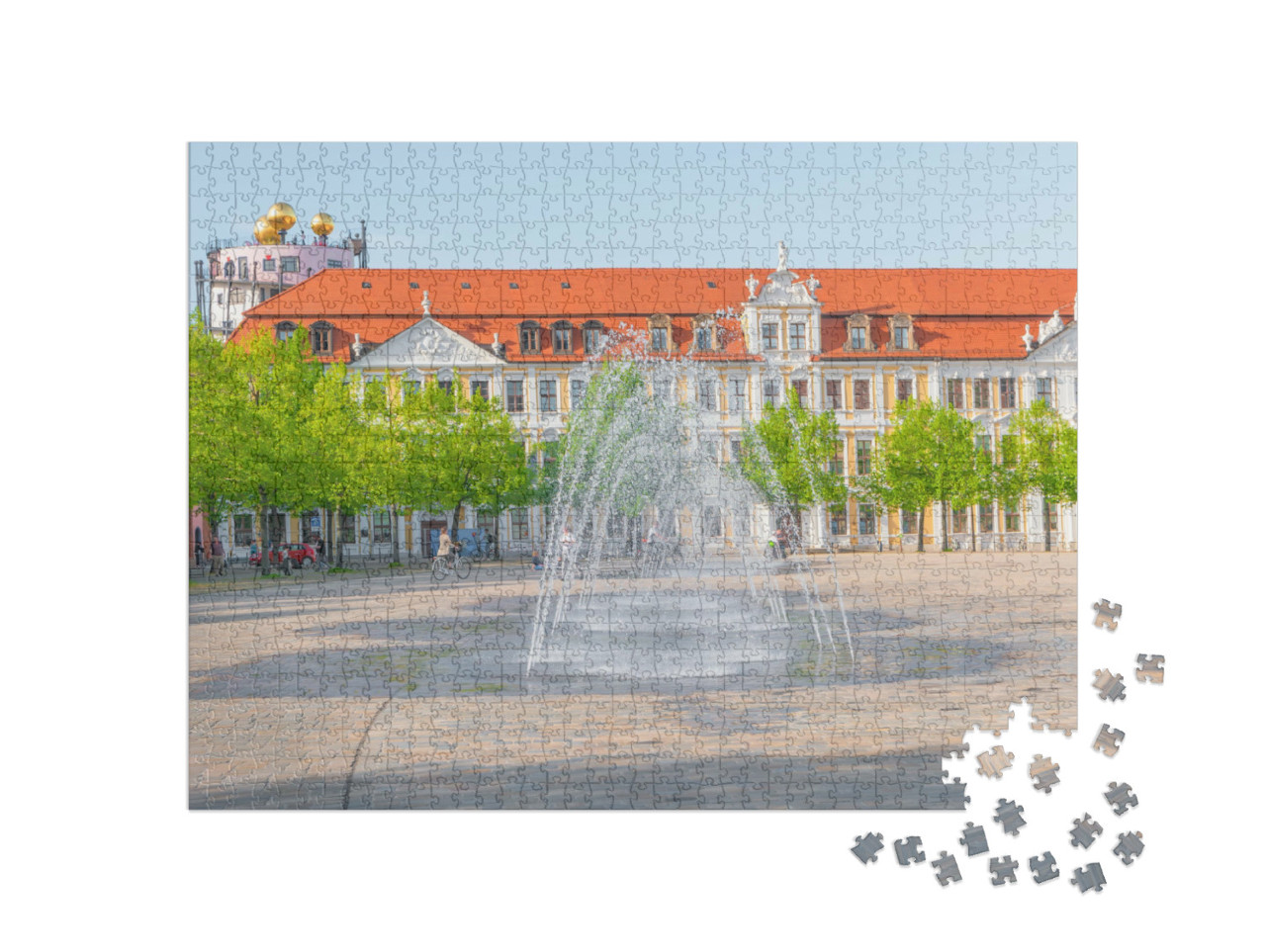 Puzzle 1000 Teile „Großer Platz mit Springbrunnen am Dom, Magdeburg, Deutschland“