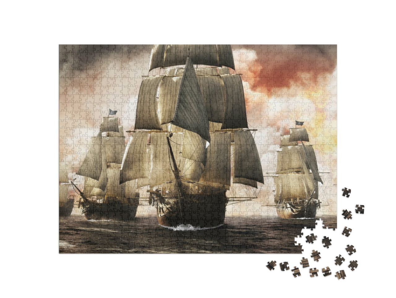 Puzzle 1000 Teile „Digitale Kunst: Piratenschiff-Flotte nach erfolgreichen Raubzug“