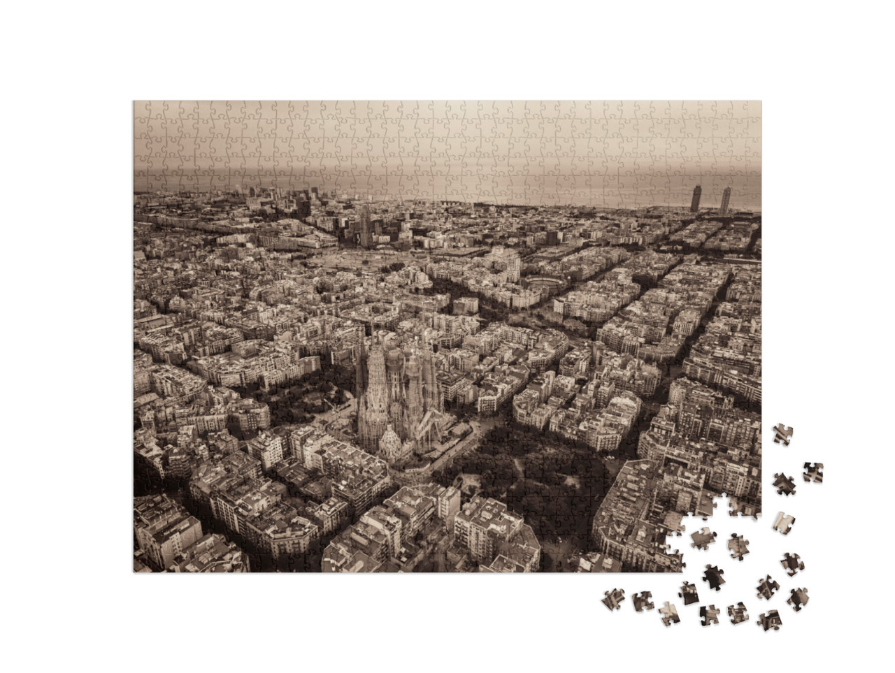 Puzzle 1000 Teile „Luftaufnahme der Basilika Sagrada Familia, Barcelona, Spanien“