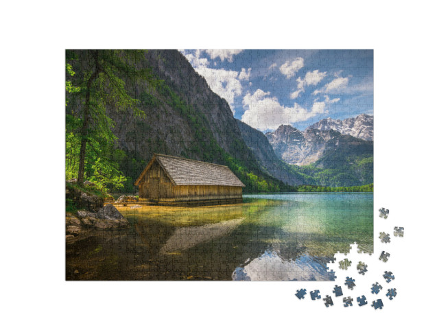 Puzzle 1000 Teile „Einsame Holzhütte an einem Bergsee“