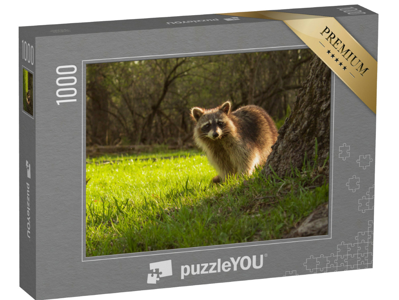 Puzzle 1000 Teile „Kleiner Waschbär schaut neugierig hinter einem Baum hervor“