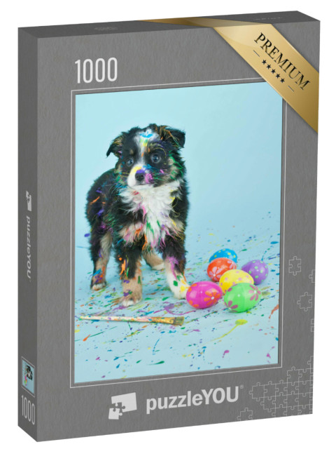 Puzzle 1000 Teile „Süßer Welpe beim Ostereier bemalen“
