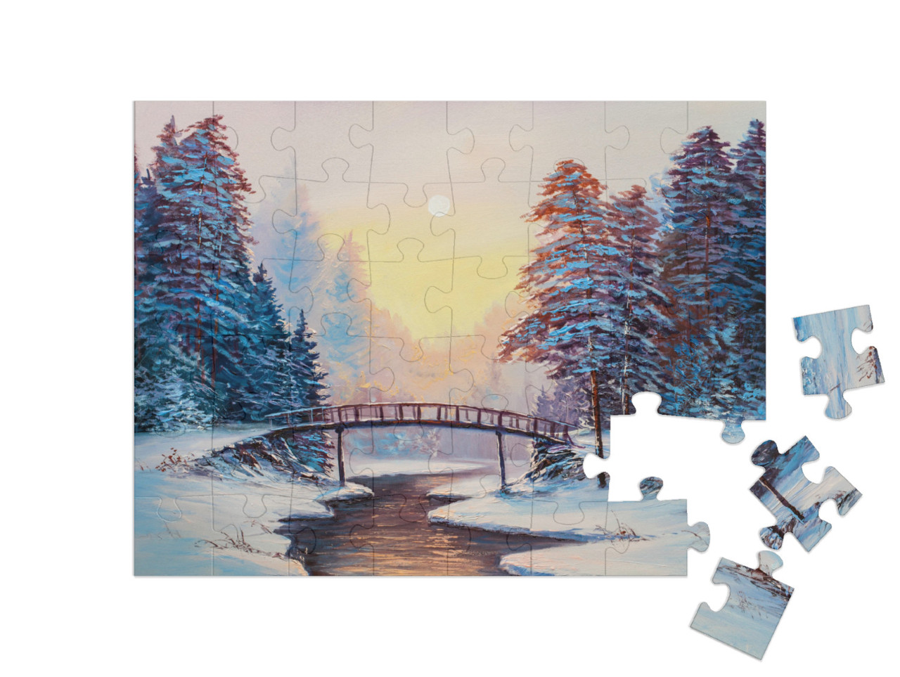 Puzzle 48 Teile „Winterlandschaft mit Fluss, Original-Ölgemälde“