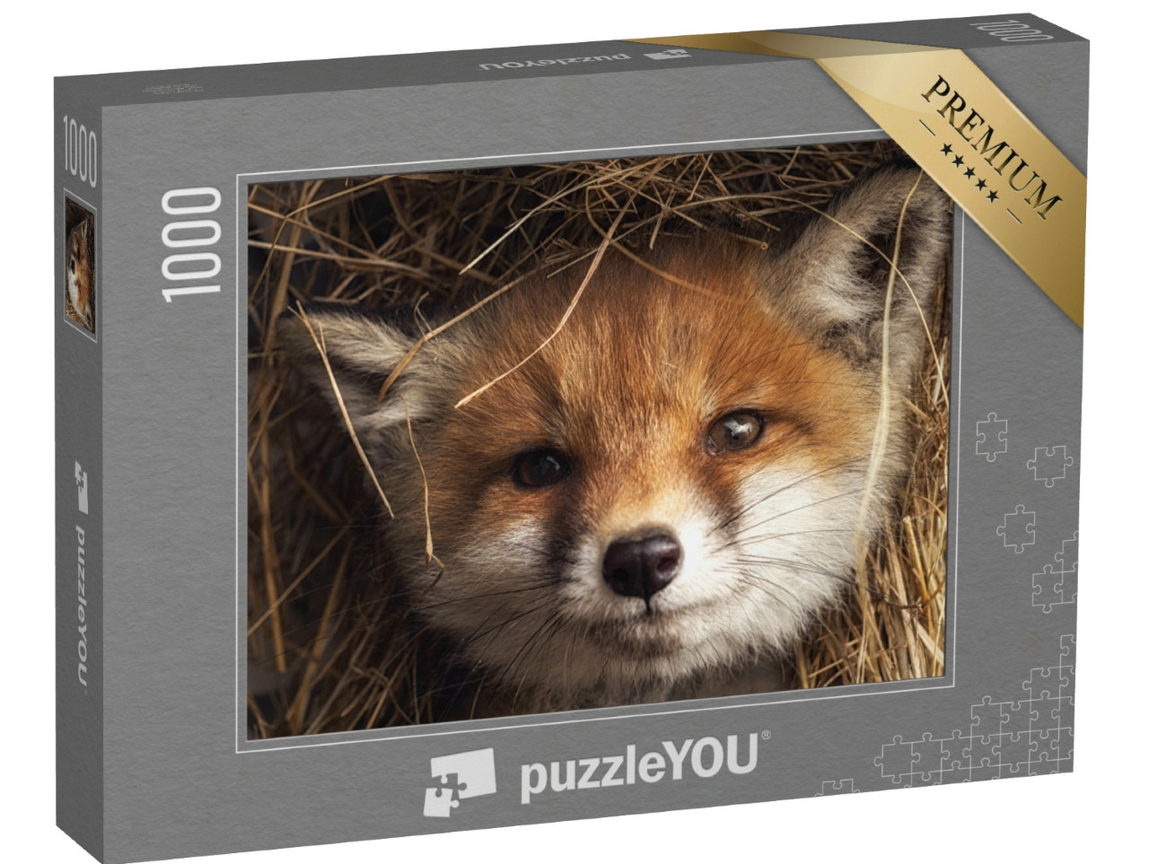 Puzzle 1000 Teile „Fuchswelpe im Heu“