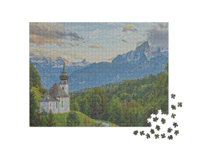 Puzzle 1000 Teile „im Kunst-Stil von Claude Monet - Watzmann mit Kirche Maria Gern - Puzzle-Kollektion Künstler & Gemälde“