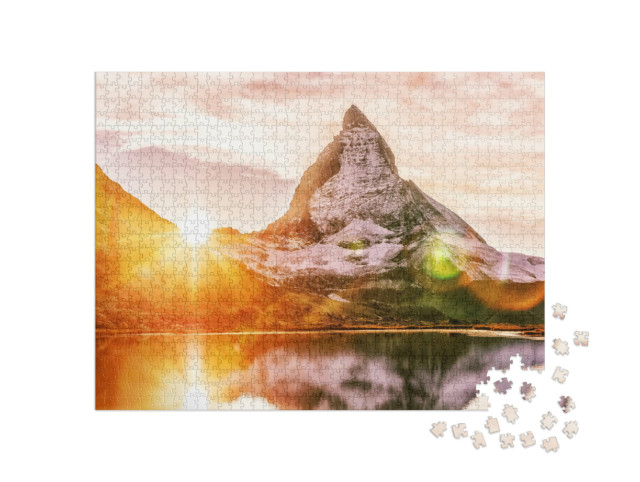 Puzzle 1000 Teile „Sonnenuntergang am Matterhorn über dem Riffelsee, Schweiz“
