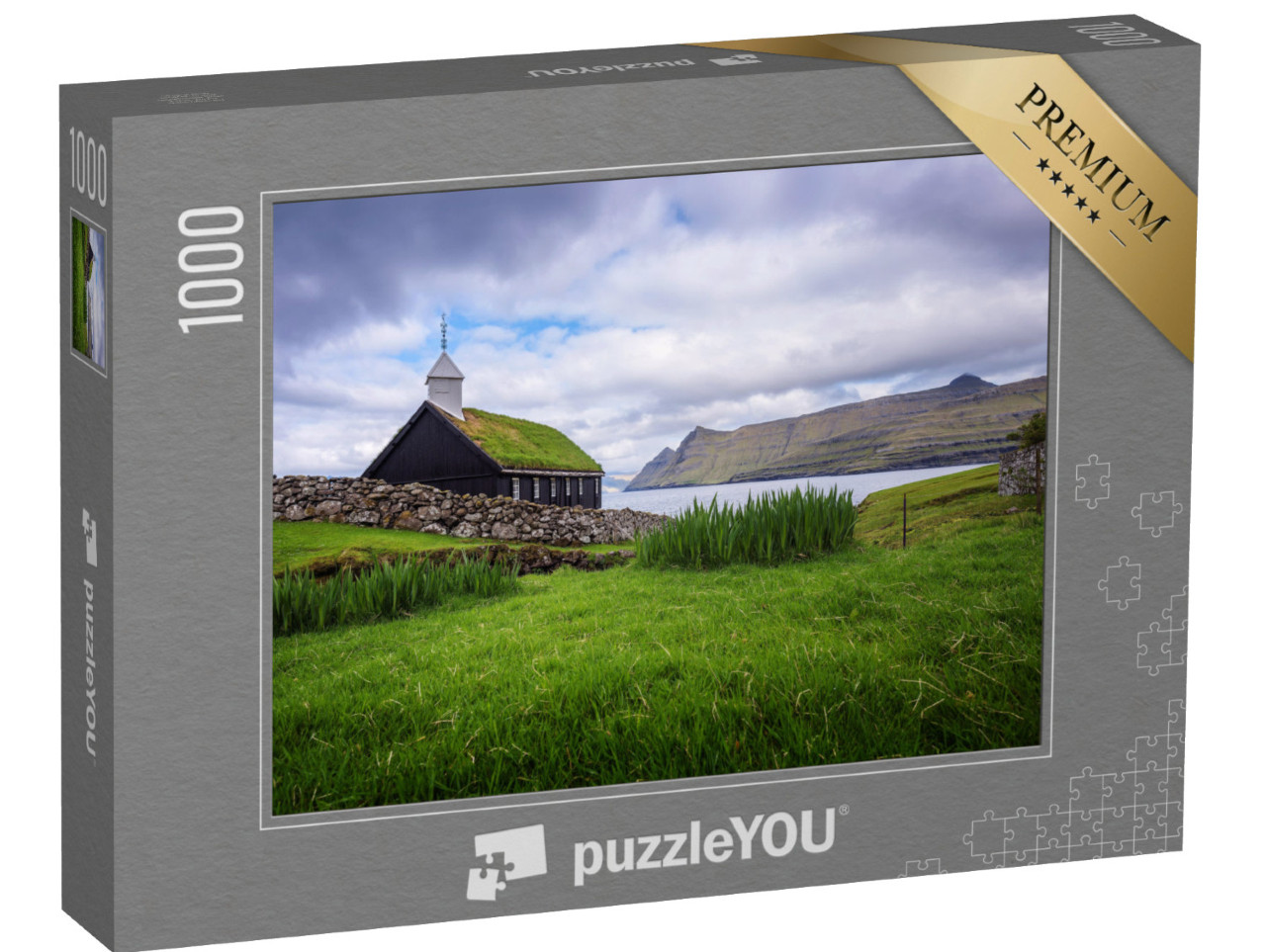 Puzzle 1000 Teile „Holzkirche direkt am Meeresufer auf den Färöer Inseln“
