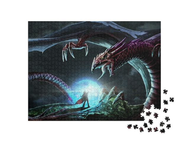 Puzzle 1000 Teile „Kampf zwischen mächtigem Zauberer und furchterregendem Drachen“
