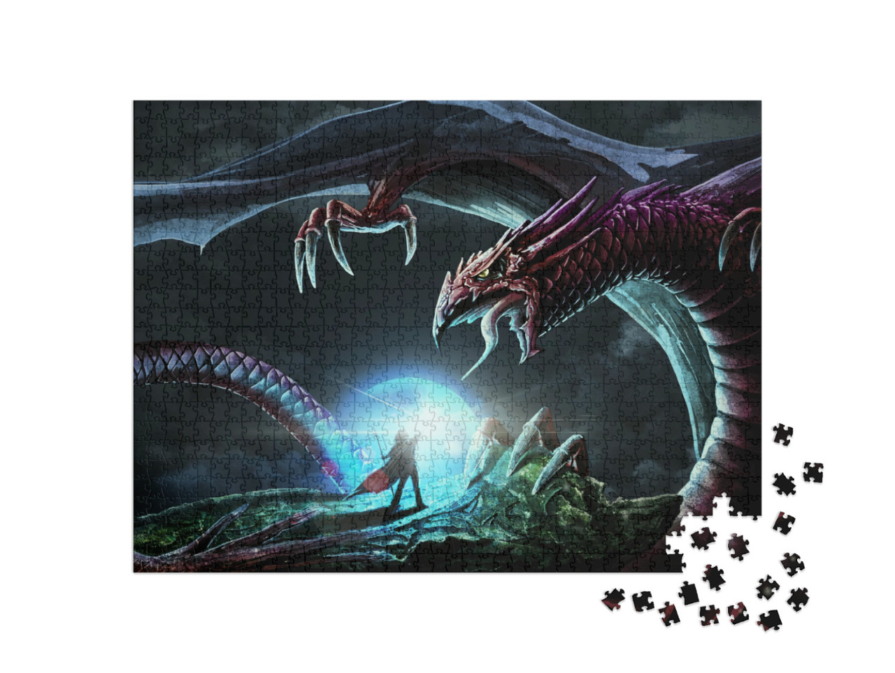 Puzzle 1000 Teile „Kampf zwischen mächtigem Zauberer und furchterregendem Drachen“