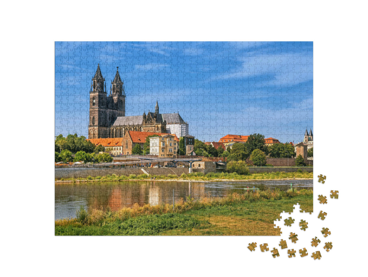 Puzzle 1000 Teile „Panorama der Magdeburger Altstadt mit Dom und Elbe“