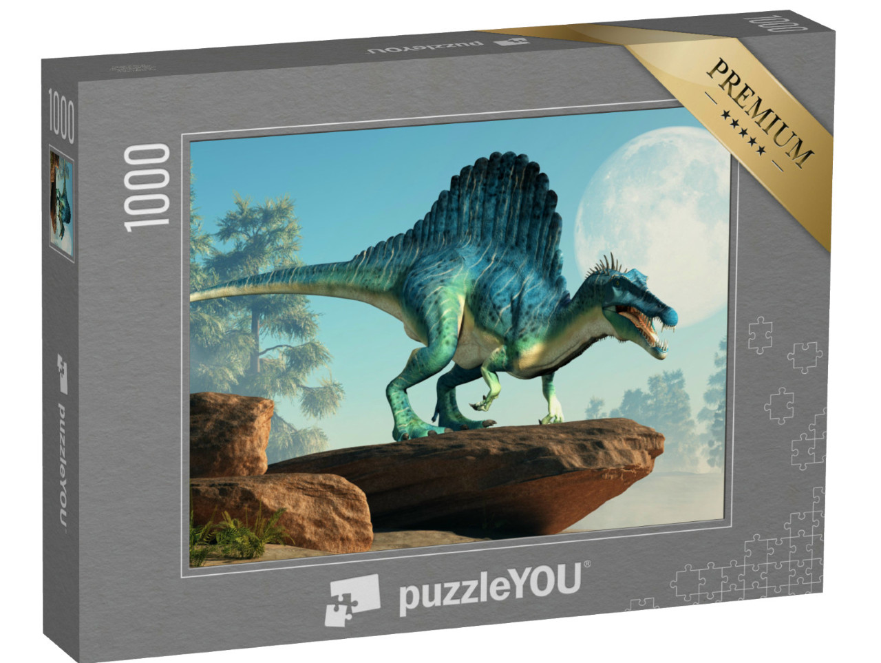 Puzzle 1000 Teile „3D-Illustration: ein Spinosaurus auf einer Klippe bei Mondschein“