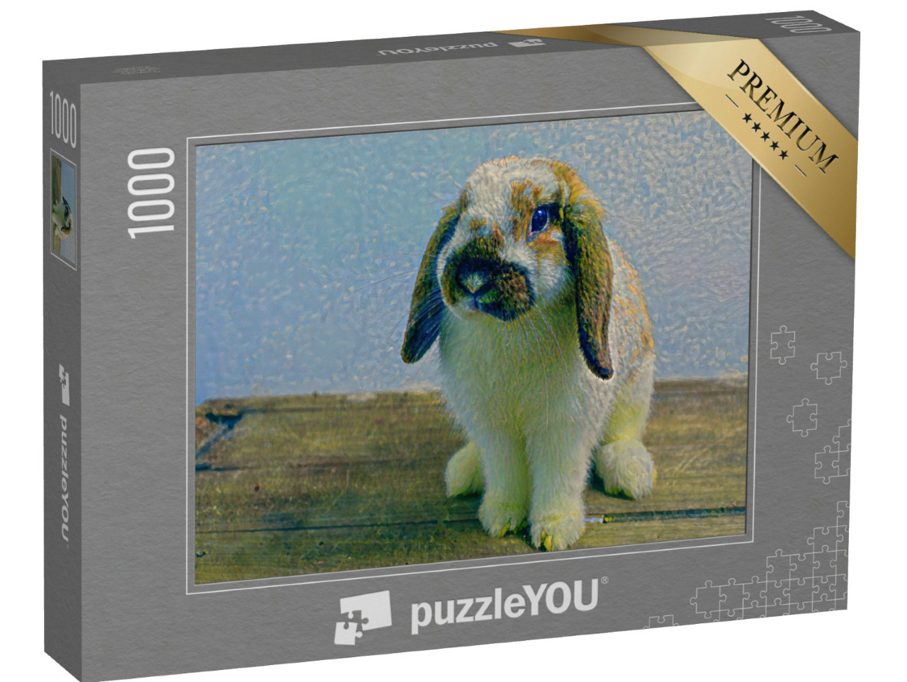 Puzzle 1000 Teile „im Kunst-Stil von Claude Monet - Hase auf Holztisch - Puzzle-Kollektion Künstler & Gemälde“