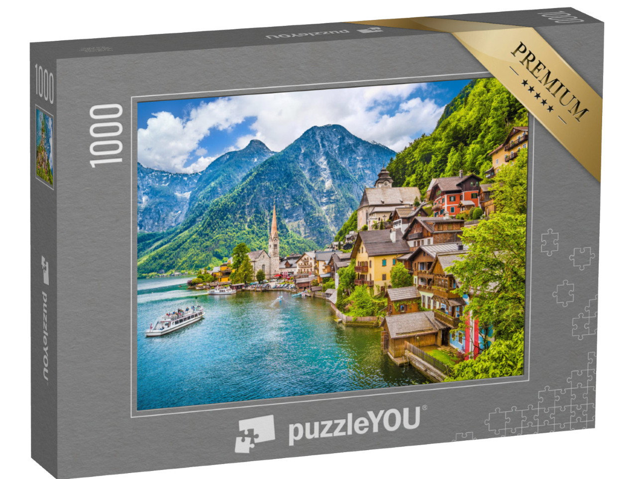 Puzzle 1000 Teile „Bergdorf Hallstatt mit Hallstätter See im Salzkammergut“