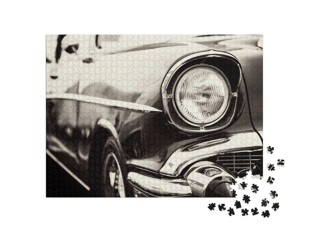 Puzzle 1000 Teile „Ein roter Oldtimer mit Nahaufnahme der Scheinwerfer“