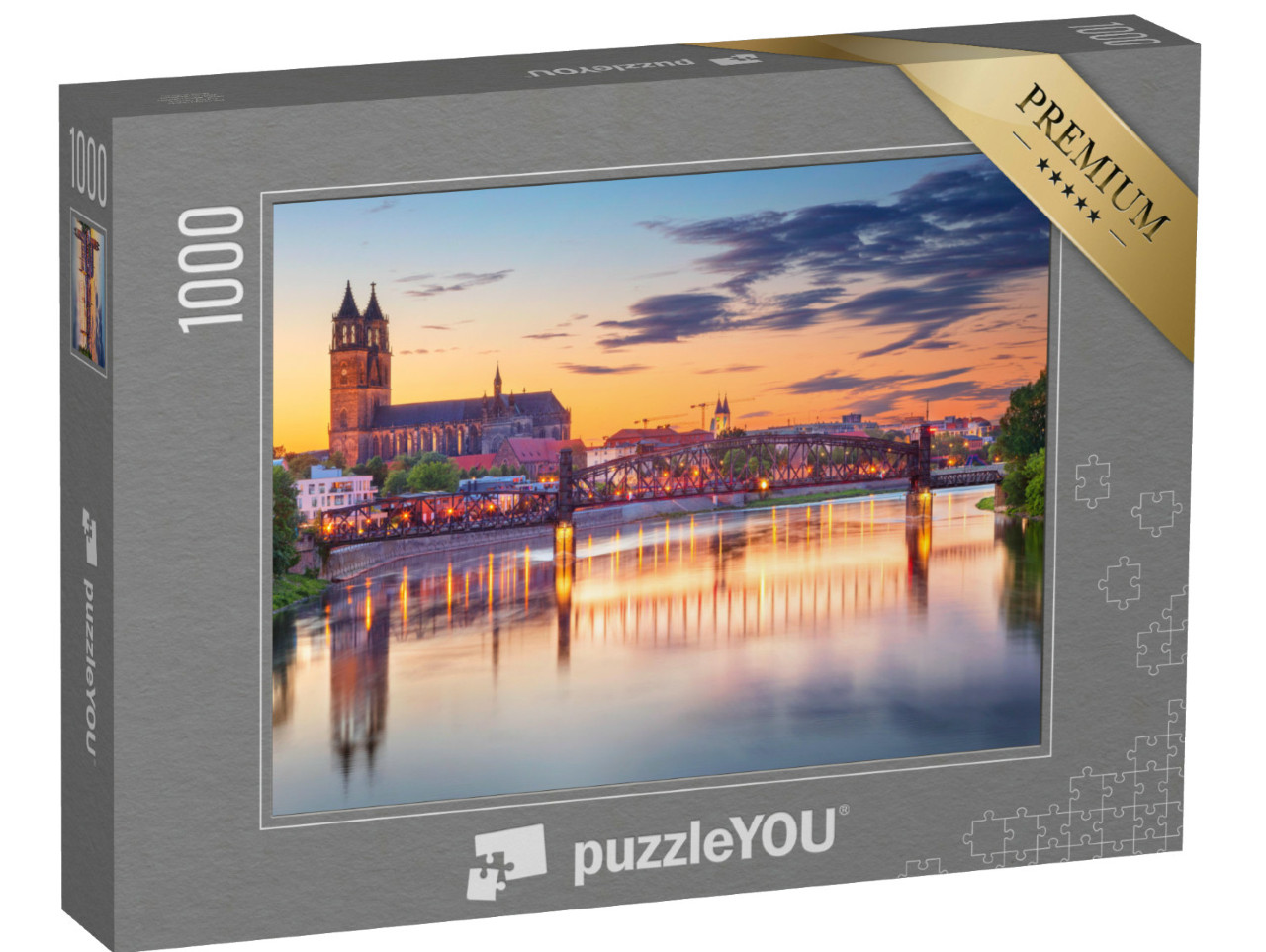 Puzzle 1000 Teile „Stadtbild Bild von Magdeburg mit der Elbe im Sonnenuntergang, Deutschland“
