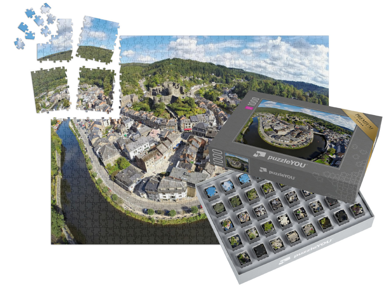 Puzzle „Luftaufnahme der belgischen Stadt La Roche-en-Ardenne mit Fluss Ourthe“ | SMART SORTED® 1000 Teile