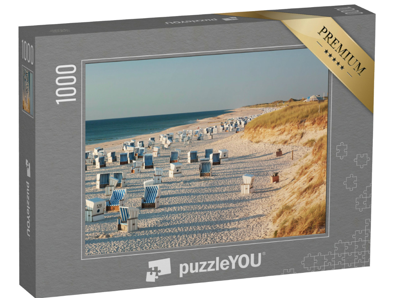 Puzzle 1000 Teile „Strand mit Strandkörben im Abendlicht bei Kampen auf Sylt“