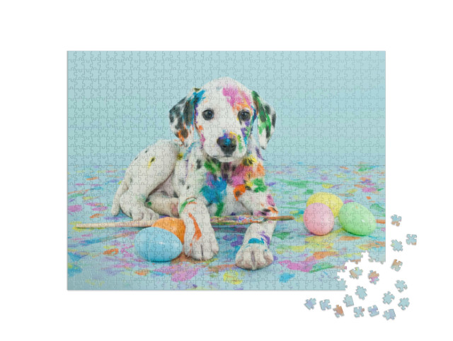 Puzzle 1000 Teile „Ein kleiner dalmatinischer Welpe beim Ostereier bemalen“