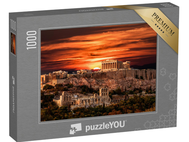 Puzzle 1000 Teile „Parthenon-Tempel auf der Akropolis von Athen unter dramatischen Sonnenuntergang, Griechenland“