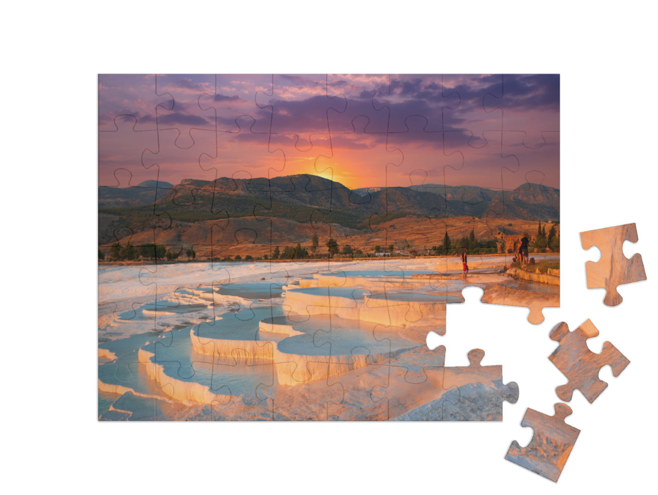 Puzzle 48 Teile „Wunderschöner Sonnenaufgang und natürliche Travertin-Pools und Terrassen in Pamukkale“