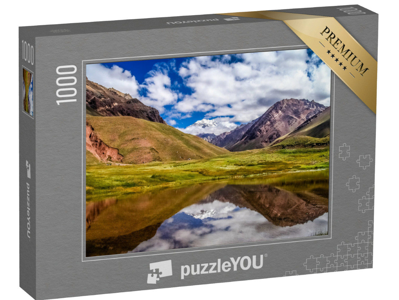 Puzzle 1000 Teile „Aconcagua, der höchste Gipfel Südamerikas vor einem See, Argentinien“