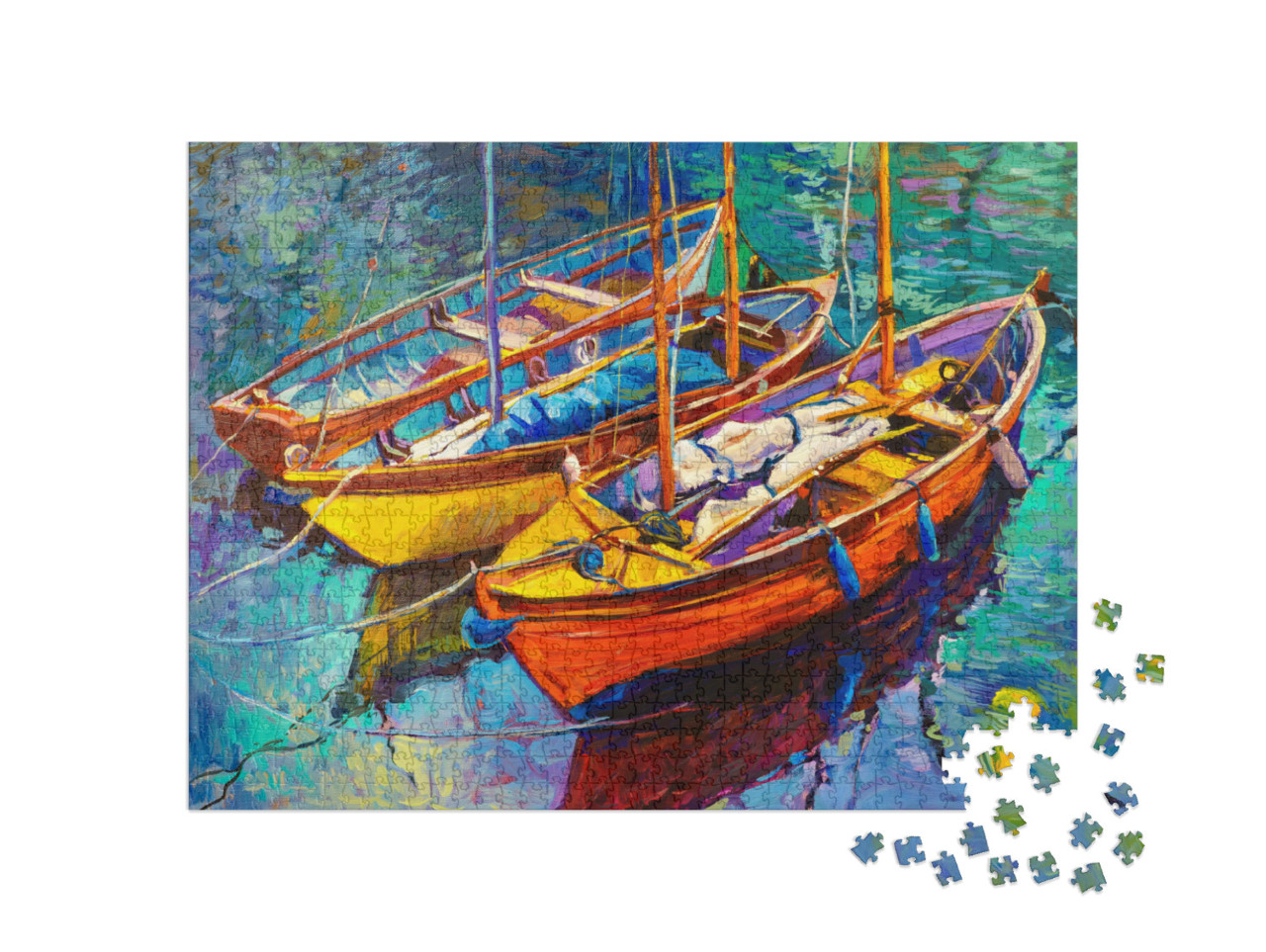 Puzzle 1000 Teile „Ölgemälde: Fischerboote vertäut im Hafen“