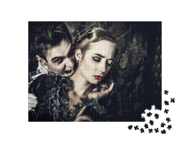 Puzzle 1000 Teile „Ein Vampir in mittelalterlicher Kleidung beißt eine Frau“