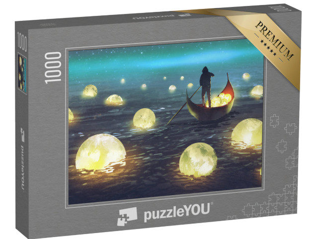 Puzzle 1000 Teile „Boot zwischen vielen leuchtenden Monden, Illustrationsmalerei“