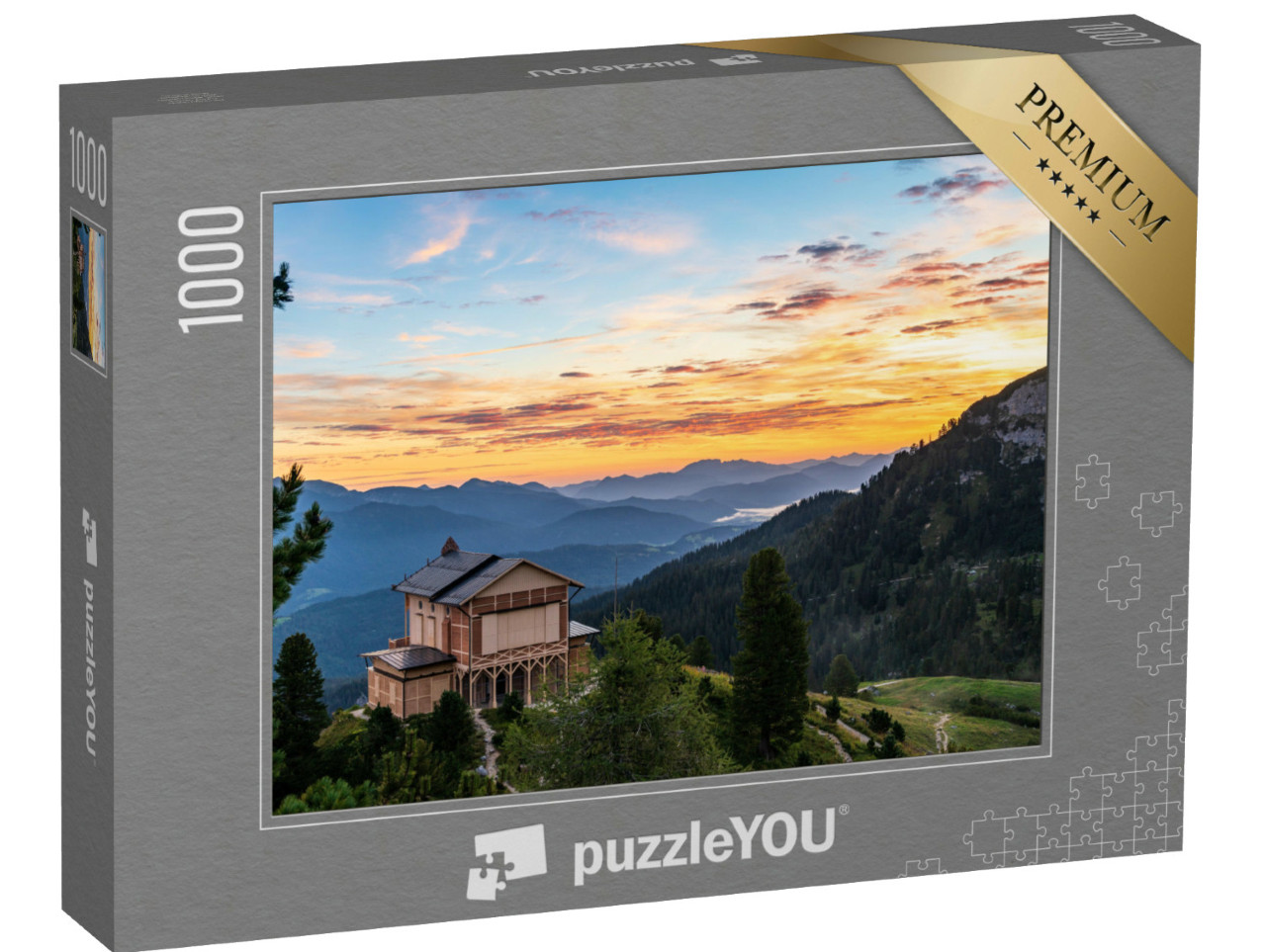 Puzzle 1000 Teile „Sonnenaufgang über dem Königshaus von Ludwig II auf dem Schachen“