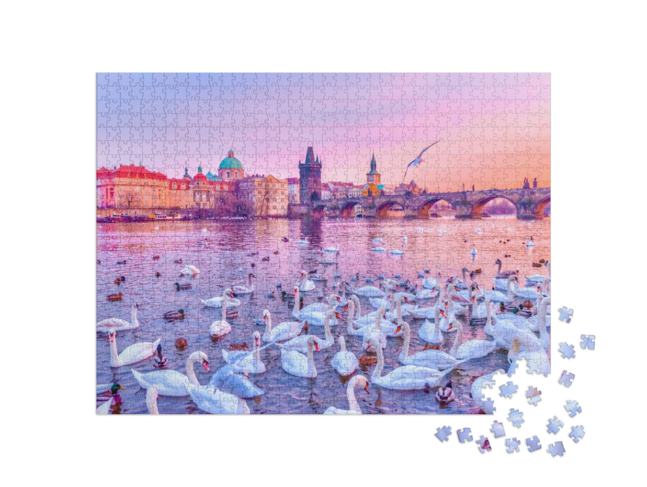 Puzzle 1000 Teile „Schwäne auf der Moldau, Sonnenuntergang in Prag“