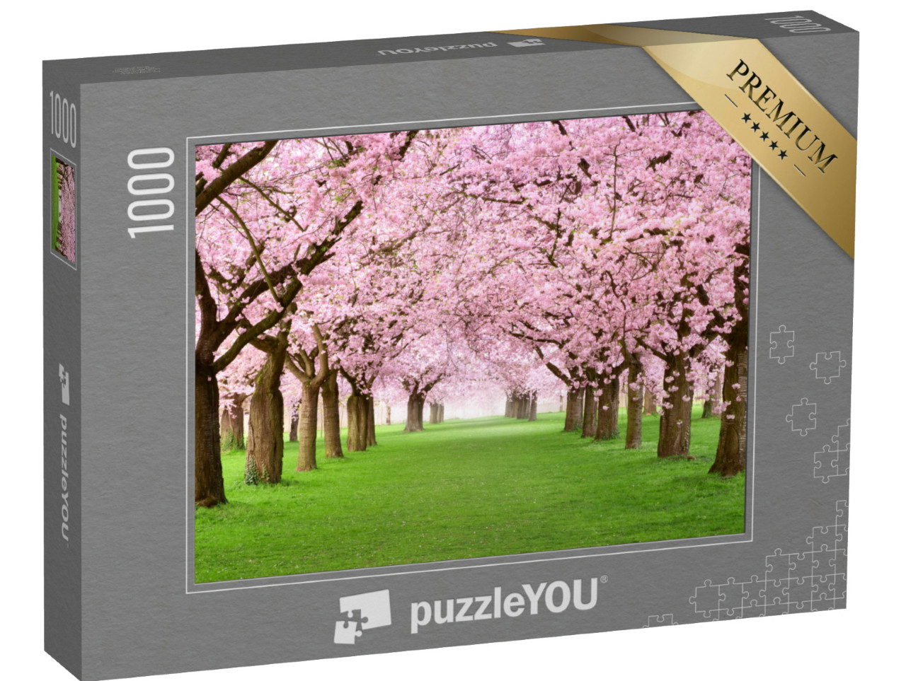 Puzzle 1000 Teile „Ziergarten mit majestätisch blühenden Kirschbäumen auf frischem grünen Rasen“