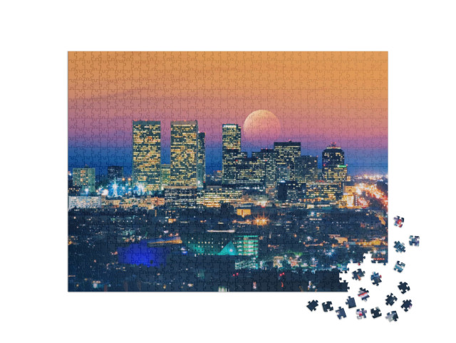 Puzzle 1000 Teile „Vollmond über Los Angeles auf, im Hintergrund der pazifische Ozean“