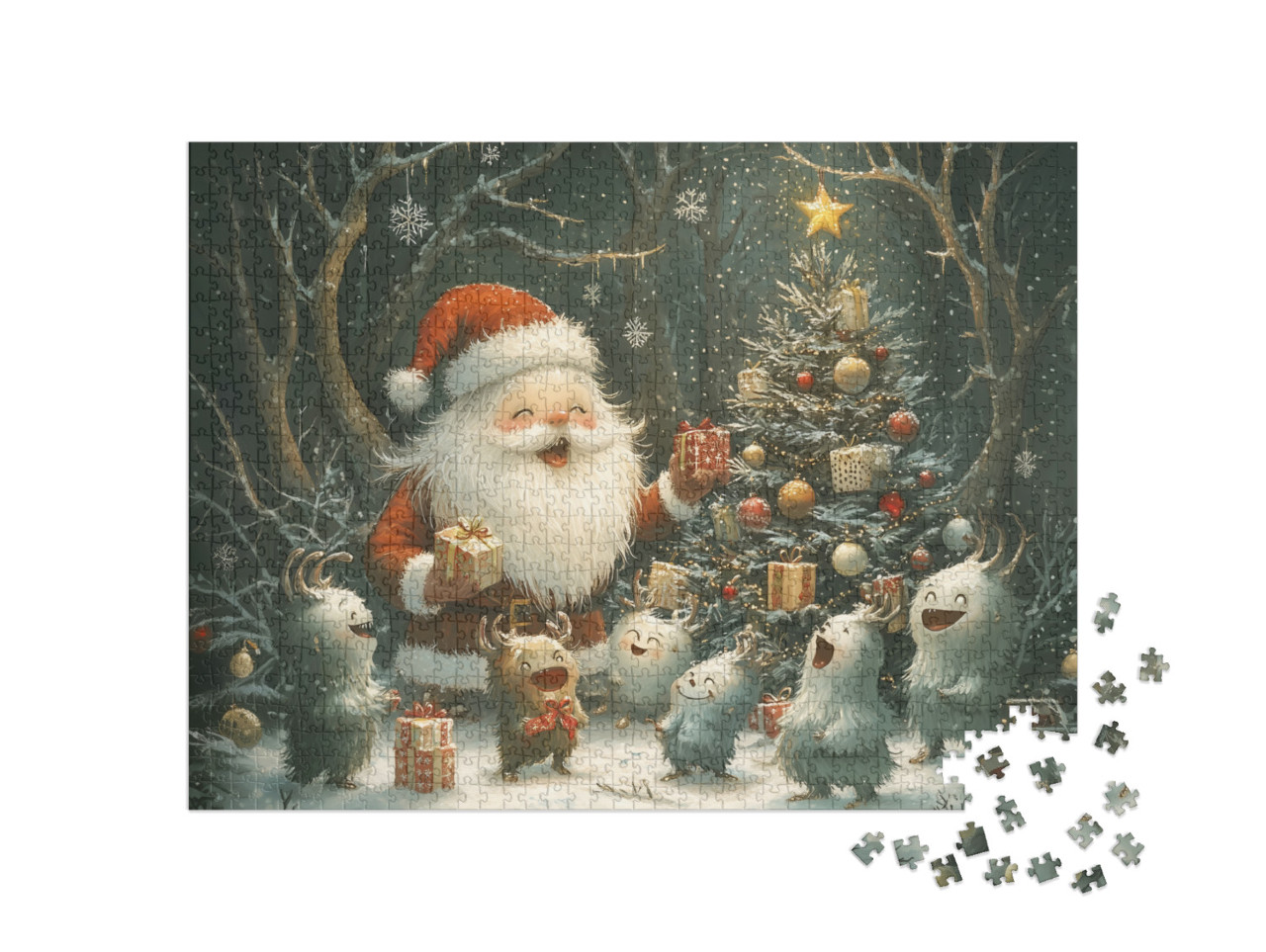 Puzzle 1000 Teile „Weihnachtsmann beschenkt die flauschigen Waldgeister“