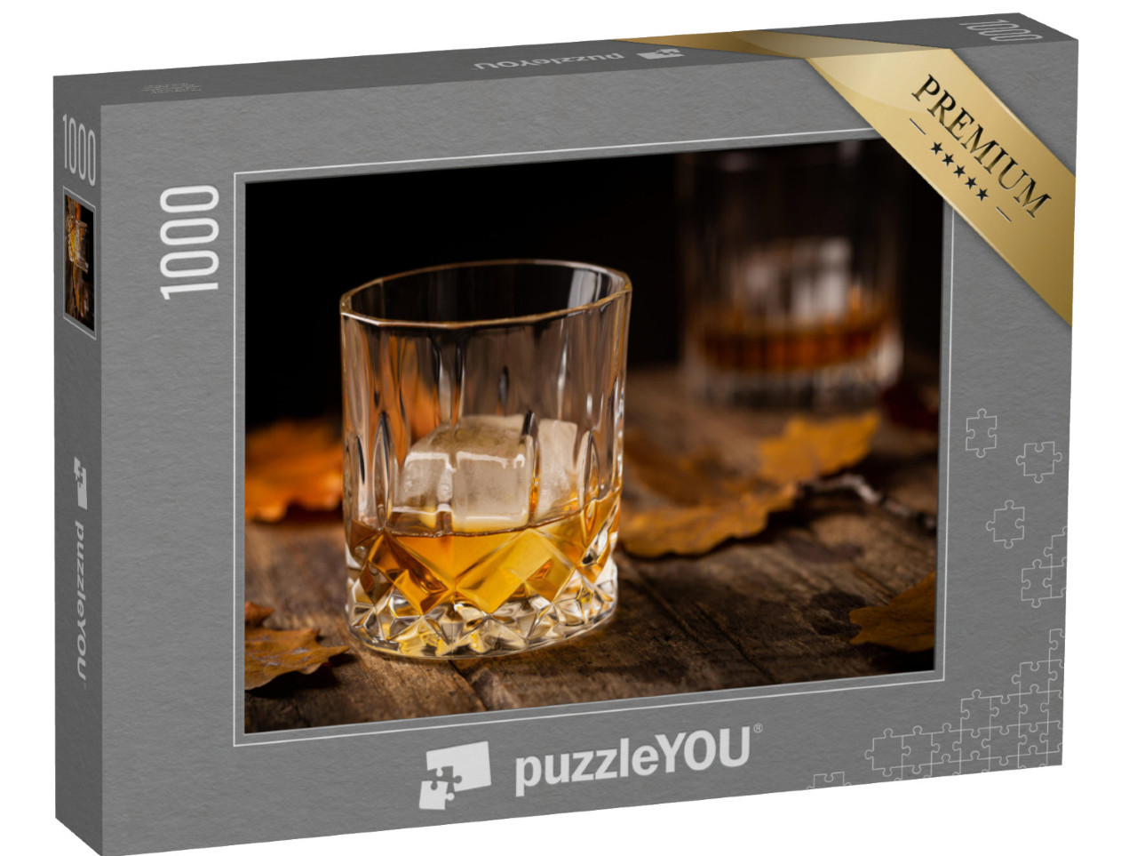 Puzzle 1000 Teile „Glas Scotch, Whiskey und Eis mit Herbstblättern“