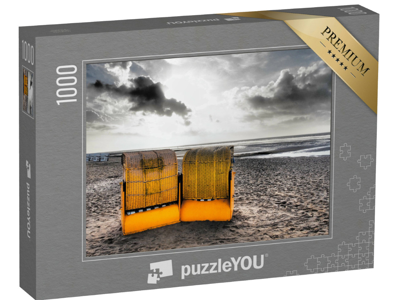 Puzzle 1000 Teile „Alte bunte Strandkörbe am Meer “