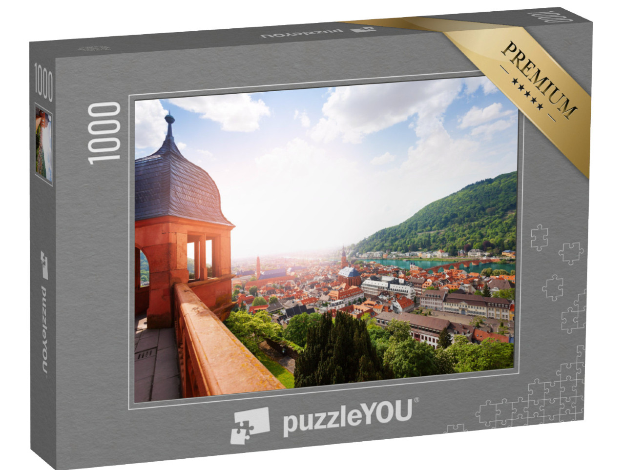 Puzzle 1000 Teile „Blick vom Schloss Heidelberg über die Stadt und den Neckar“