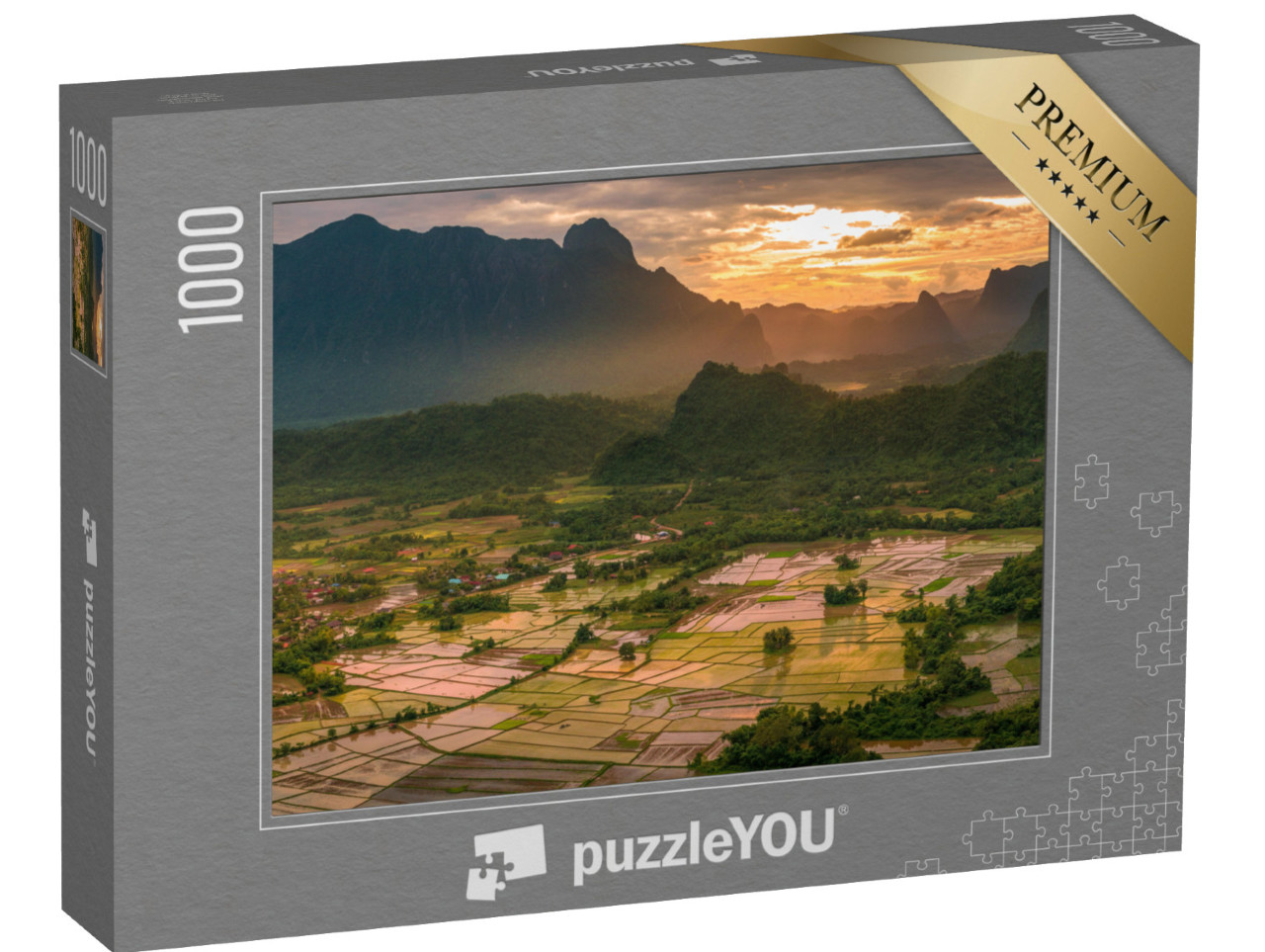 Puzzle 1000 Teile „Goldener Sonnenuntergang auf den Reisfeldern von Laos“