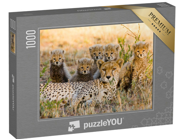 Puzzle 1000 Teile „Gepardenmutter und ihre Jungtiere in der Savanne, Kenia“
