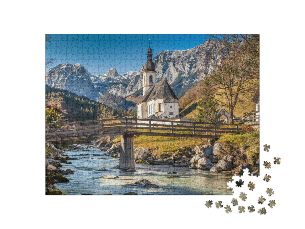 Puzzle 1000 Teile „Pfarrkirche St. Sebastian im Herbst, Ramsau, Deutschland“