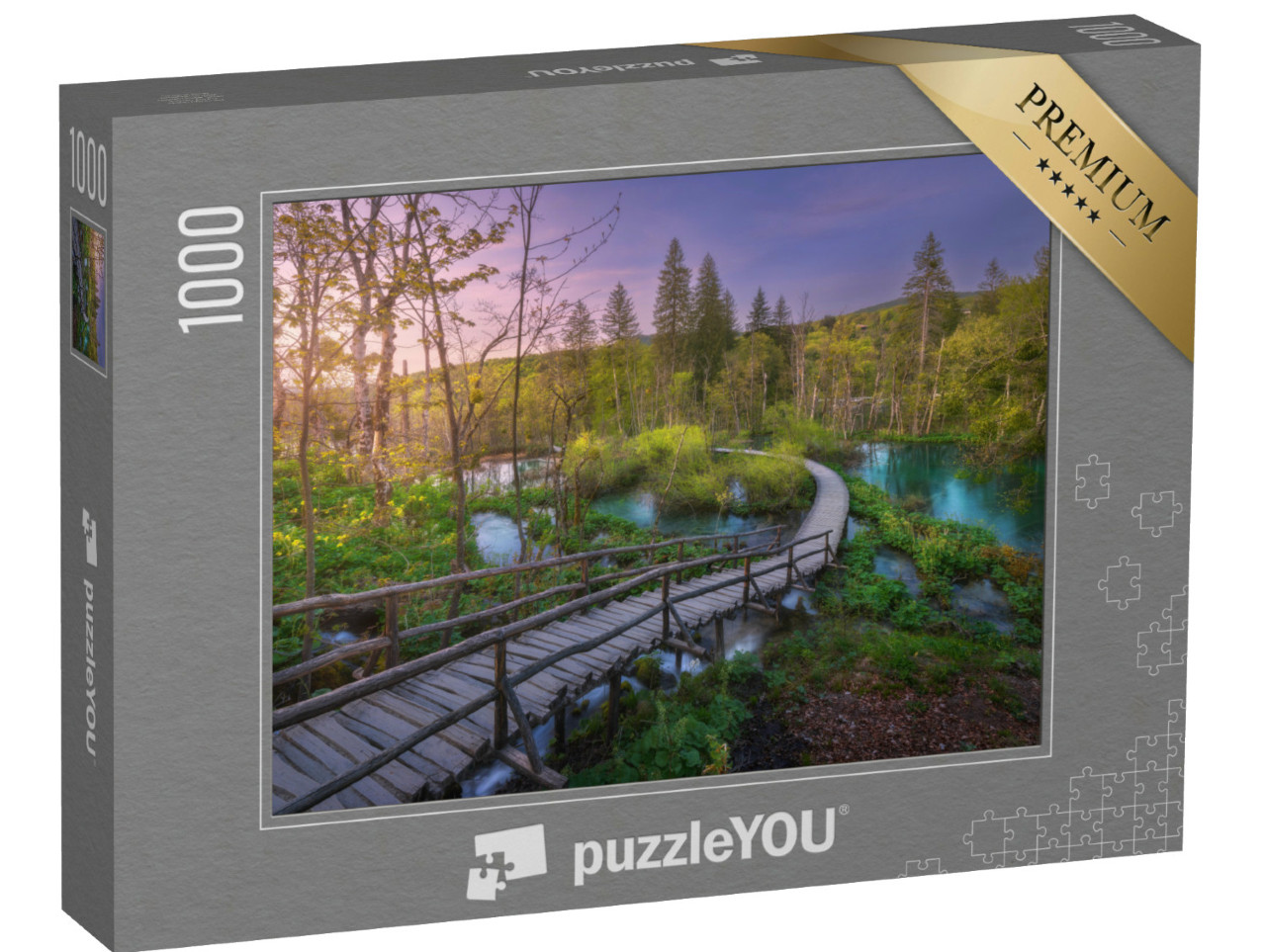 Puzzle 1000 Teile „Holzpfad im grünen Wald bei den Plitvicer Seen, Kroatien“