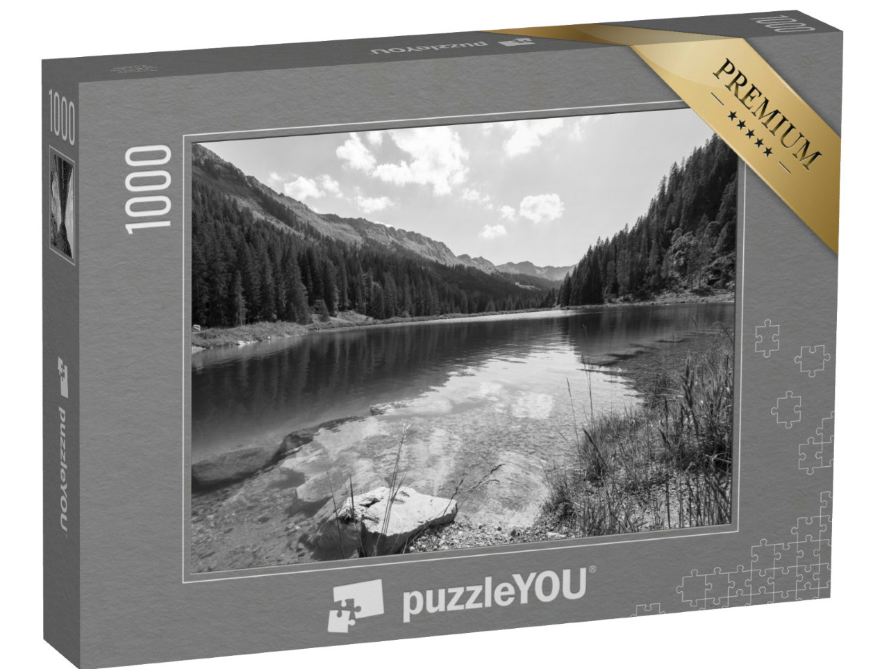 Puzzle 1000 Teile „Herzsee im Kleinwalsertal, Österreich, schwarz-weiß“