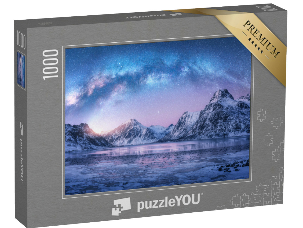 Puzzle 1000 Teile „Milchstraße über dem gefrorenen Meer, Winternacht auf den Lofoten, Norwegen“