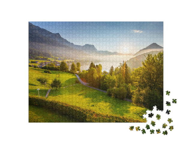 Puzzle 1000 Teile „Aussicht auf den morgendlichen grünen Garten“
